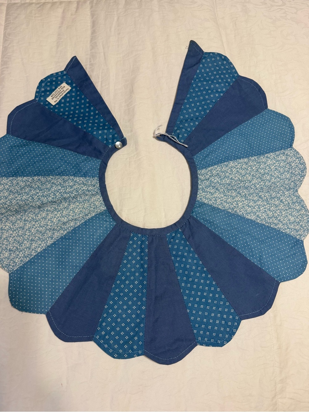 Vintage Handcrafted Philippines Blue Patchwork Scalloped Collar Capelet Folk Art